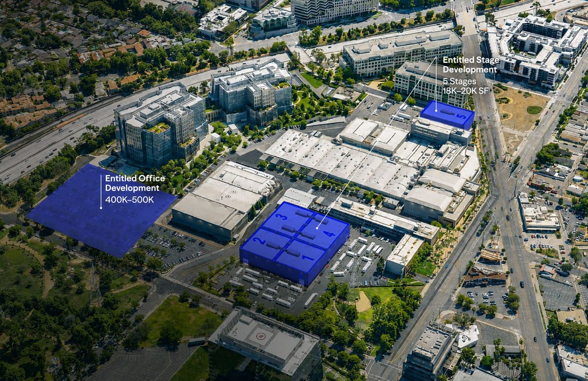Aerial of The Burbank Studios with the entitled development sites highlighted: a 400,000–500,000 SF office development on the west lot, and five new 18,000–20,000 SF sound stages, four beside the existing stages and one at the north-east corner