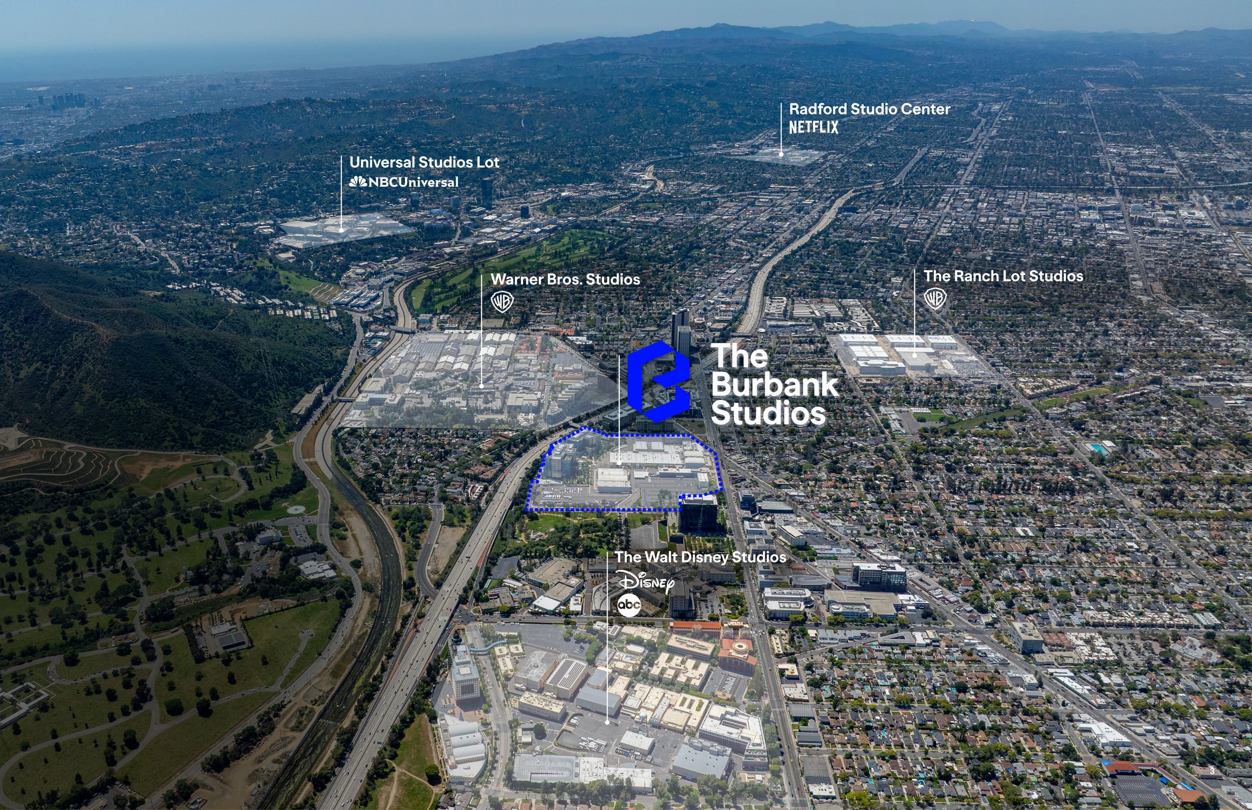 Aerial of the Burbank Media District with The Burbank Studios outlined at its center, surrounded by Warner Bros. Studios, The Walt Disney Studios and ABC, the Universal Studios lot, Radford Studio Center and The Ranch Lot Studios